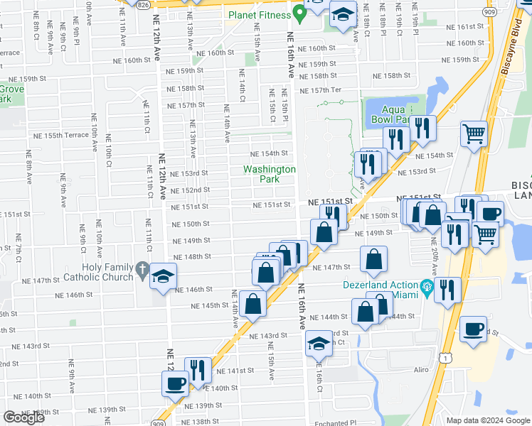 map of restaurants, bars, coffee shops, grocery stores, and more near 1511 Northeast 150th Street in Miami