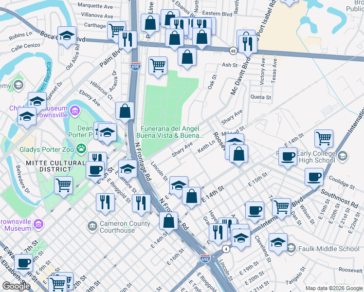 map of restaurants, bars, coffee shops, grocery stores, and more near 155 Shary Avenue in Brownsville