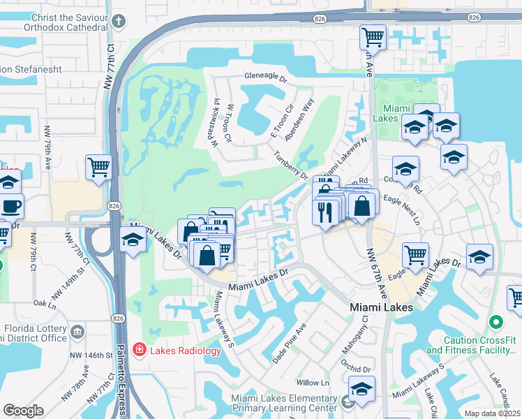 map of restaurants, bars, coffee shops, grocery stores, and more near 15505 Cairnryan Court in Miami Lakes