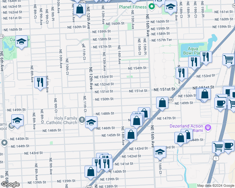 map of restaurants, bars, coffee shops, grocery stores, and more near 1380 Northeast 151st Street in North Miami Beach