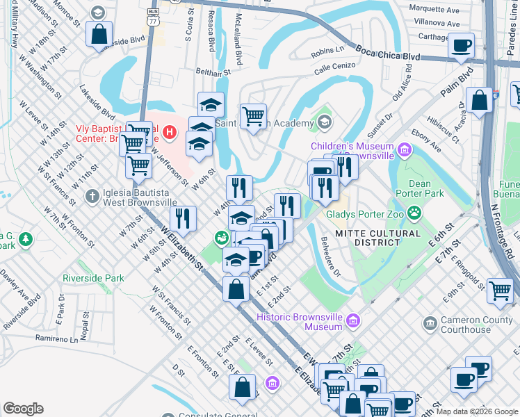 map of restaurants, bars, coffee shops, grocery stores, and more near 1000-1098 West 2nd Street in Brownsville