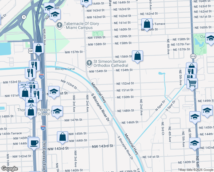 map of restaurants, bars, coffee shops, grocery stores, and more near 54 Northwest 152nd Street in Miami