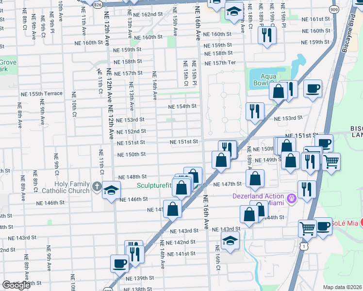 map of restaurants, bars, coffee shops, grocery stores, and more near 1511 Northeast 150th Street in Miami