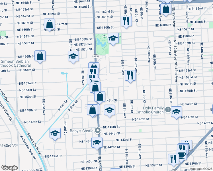 map of restaurants, bars, coffee shops, grocery stores, and more near 701 Northeast 151st Street in Miami