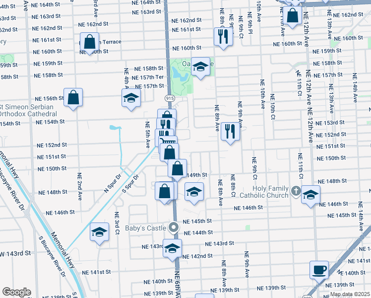 map of restaurants, bars, coffee shops, grocery stores, and more near 15005 Northeast 6th Avenue in Miami