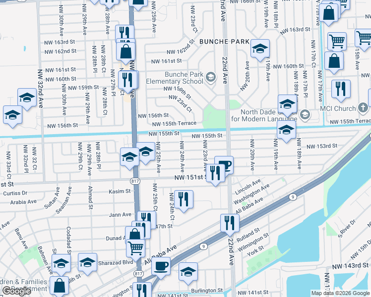 map of restaurants, bars, coffee shops, grocery stores, and more near 2360 Northwest 153rd Street in Opa-locka