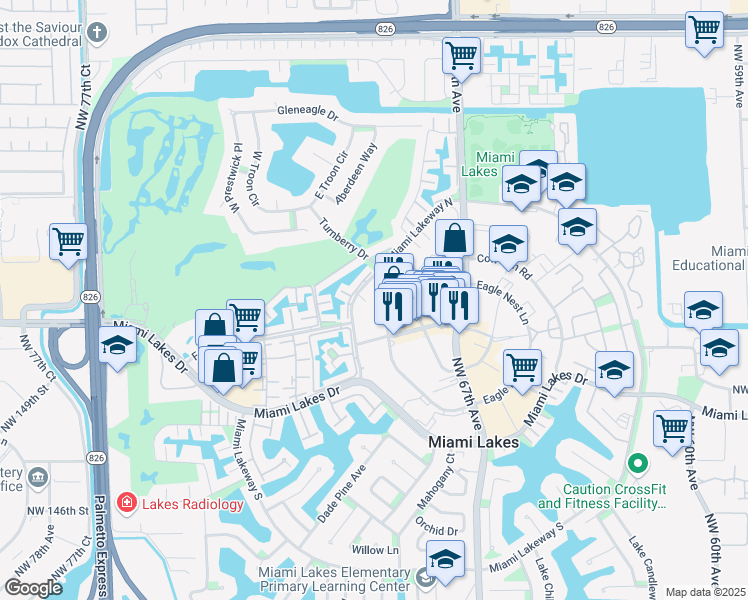 map of restaurants, bars, coffee shops, grocery stores, and more near 14635 Bull Run Road in Hialeah