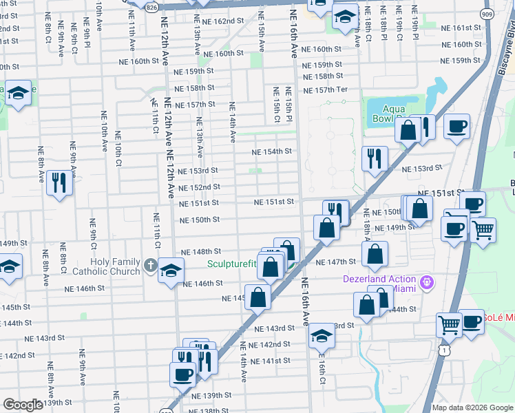 map of restaurants, bars, coffee shops, grocery stores, and more near 1447 Northeast 150th Street in Miami