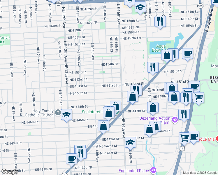 map of restaurants, bars, coffee shops, grocery stores, and more near 1511 Northeast 150th Street in Miami