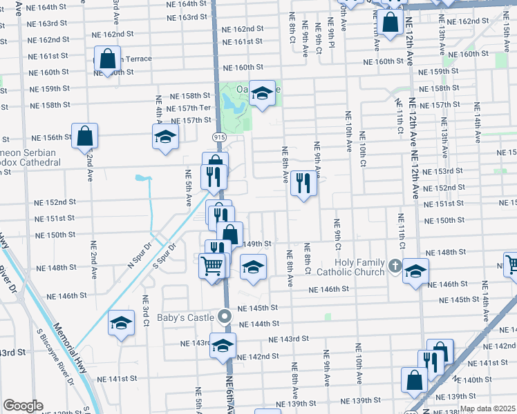 map of restaurants, bars, coffee shops, grocery stores, and more near 701 NE 151st St in Miami