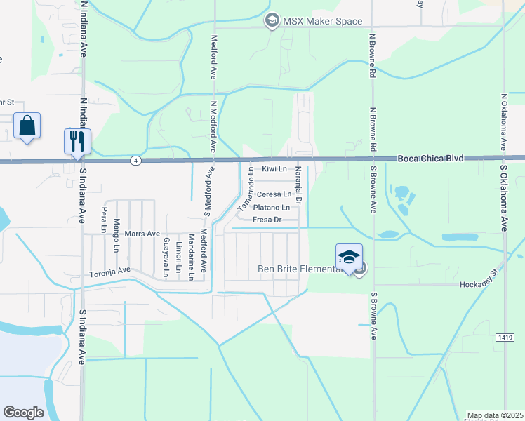 map of restaurants, bars, coffee shops, grocery stores, and more near 571 Fresa Drive in Brownsville