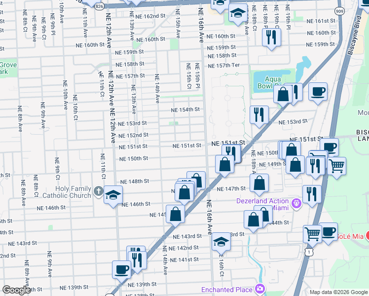 map of restaurants, bars, coffee shops, grocery stores, and more near 1511 Northeast 150th Street in Miami