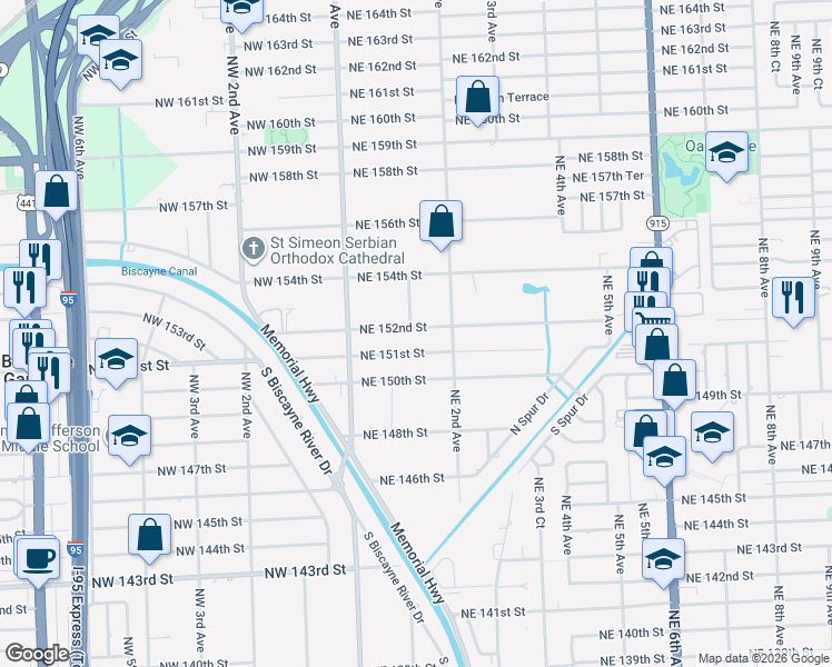 map of restaurants, bars, coffee shops, grocery stores, and more near 101 Northeast 151st Street in North Miami Beach