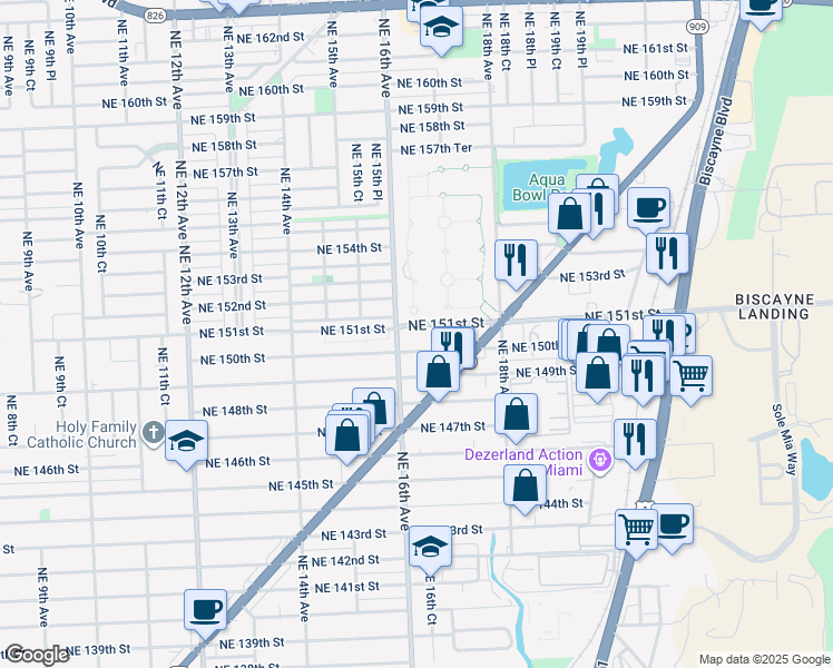 map of restaurants, bars, coffee shops, grocery stores, and more near 1675 Northeast 150th Street in Miami