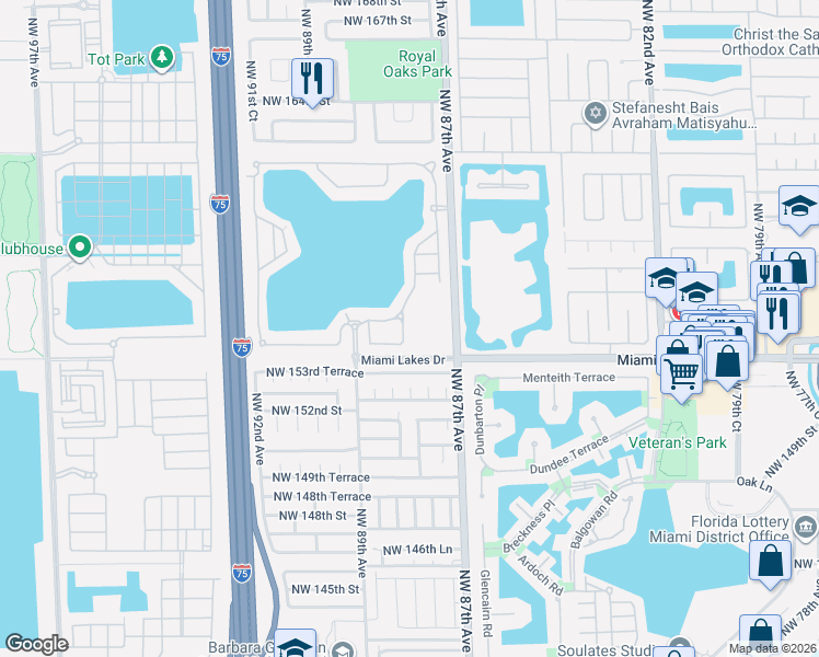 map of restaurants, bars, coffee shops, grocery stores, and more near 15463 Northwest 88th Avenue in Miami Lakes