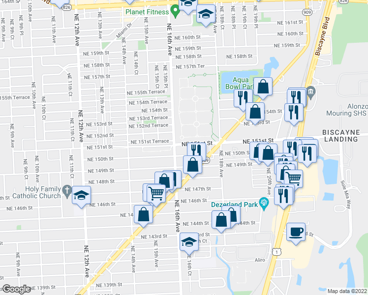 map of restaurants, bars, coffee shops, grocery stores, and more near 1612 Northeast 151st Street in North Miami Beach