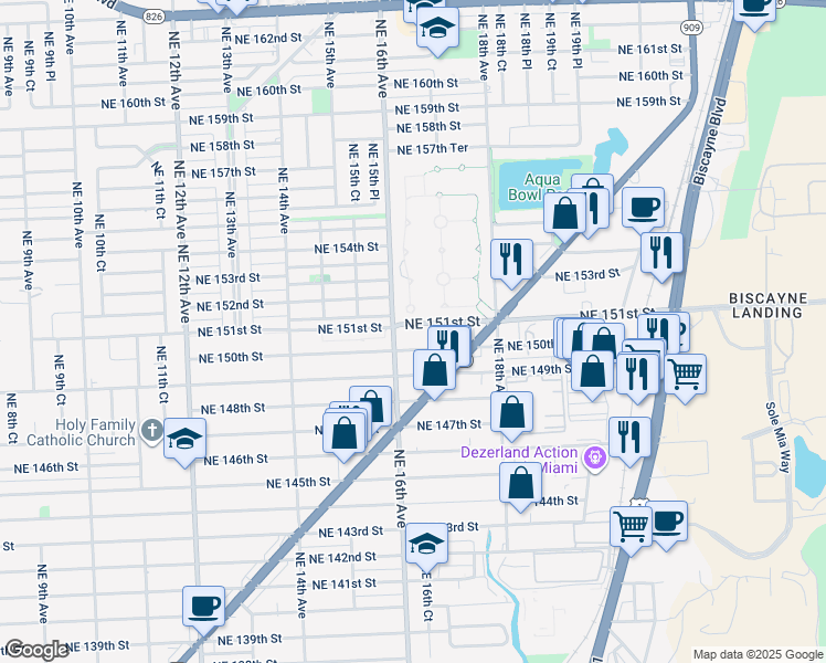 map of restaurants, bars, coffee shops, grocery stores, and more near 1675 Northeast 150th Street in Miami
