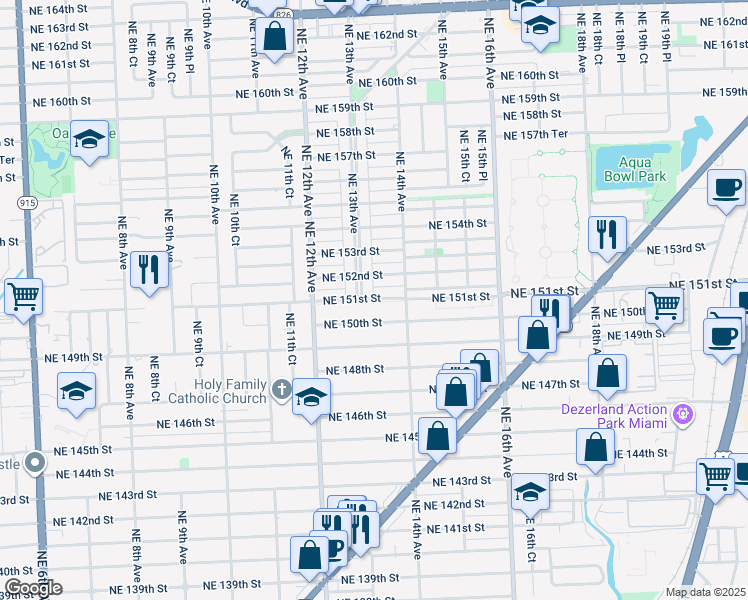 map of restaurants, bars, coffee shops, grocery stores, and more near 1300 Northeast 151st Street in North Miami Beach