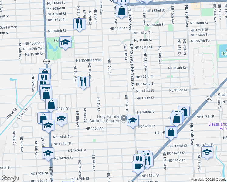 map of restaurants, bars, coffee shops, grocery stores, and more near 1070 Northeast 151st Street in North Miami Beach