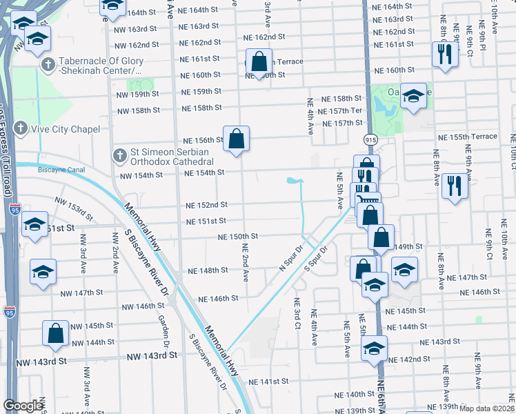 map of restaurants, bars, coffee shops, grocery stores, and more near 265 Northeast 151st Street in Miami