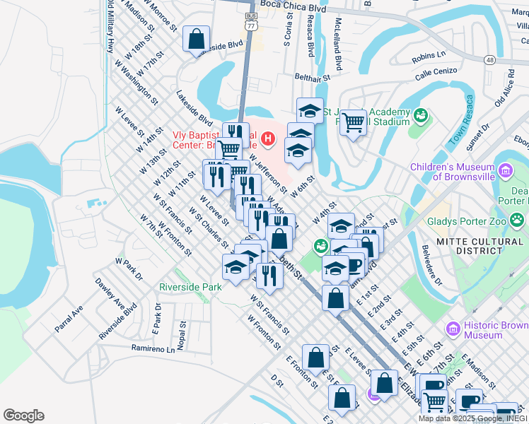 map of restaurants, bars, coffee shops, grocery stores, and more near 564 West Washington Street in Brownsville