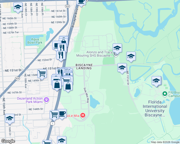 map of restaurants, bars, coffee shops, grocery stores, and more near 14951 Royal Oak Lane in Miami
