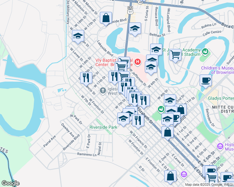 map of restaurants, bars, coffee shops, grocery stores, and more near 801 West Levee Street in Brownsville