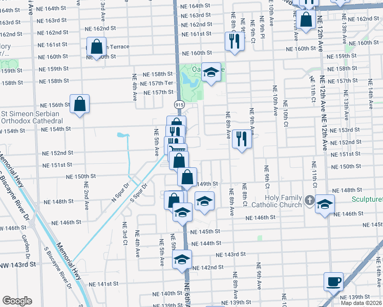map of restaurants, bars, coffee shops, grocery stores, and more near 15005 Northeast 6th Avenue in Miami