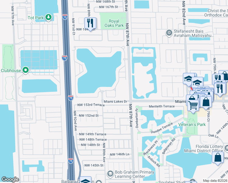 map of restaurants, bars, coffee shops, grocery stores, and more near 15463 Northwest 88th Avenue in Miami Lakes