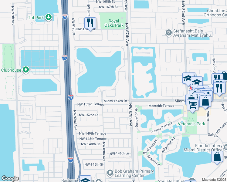 map of restaurants, bars, coffee shops, grocery stores, and more near 15463 Northwest 88th Avenue in Miami Lakes