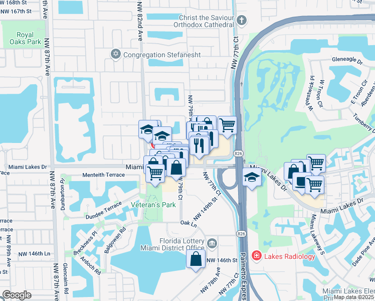 map of restaurants, bars, coffee shops, grocery stores, and more near 7925 Northwest 154th Street in Miami Lakes