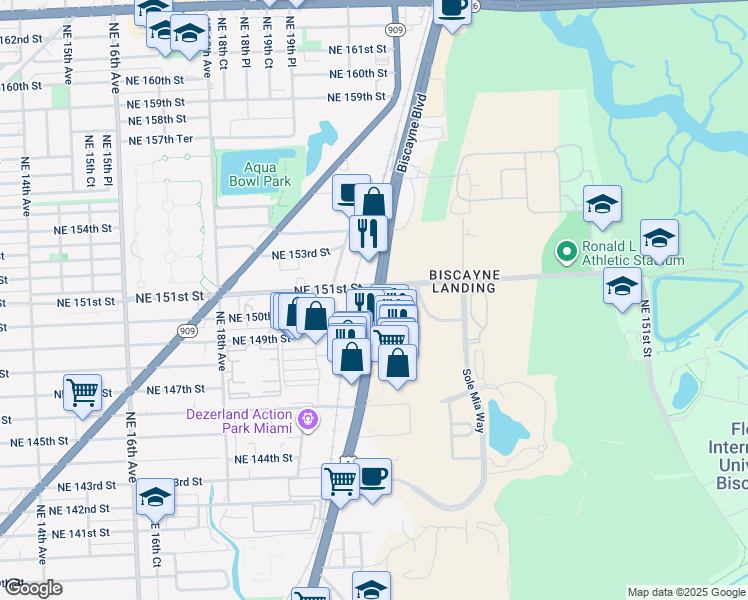 map of restaurants, bars, coffee shops, grocery stores, and more near 14840 Biscayne Boulevard in North Miami