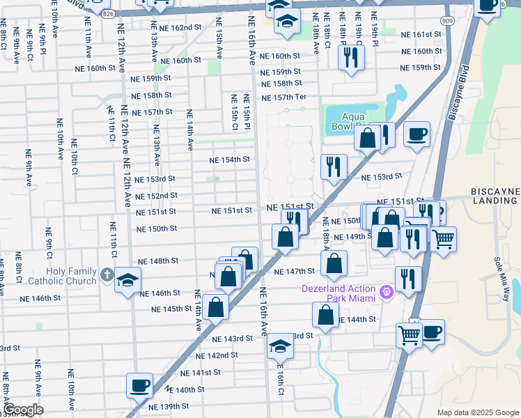map of restaurants, bars, coffee shops, grocery stores, and more near 15005 Northeast 16th Avenue in North Miami