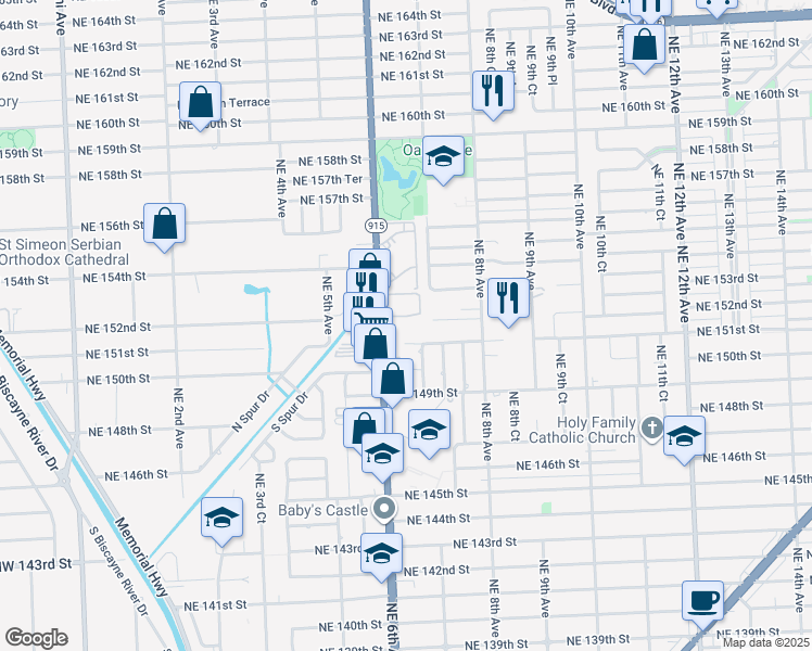 map of restaurants, bars, coffee shops, grocery stores, and more near 15005 Northeast 6th Avenue in Miami