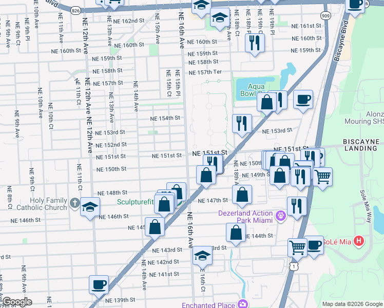 map of restaurants, bars, coffee shops, grocery stores, and more near 15005 Northeast 16th Avenue in North Miami