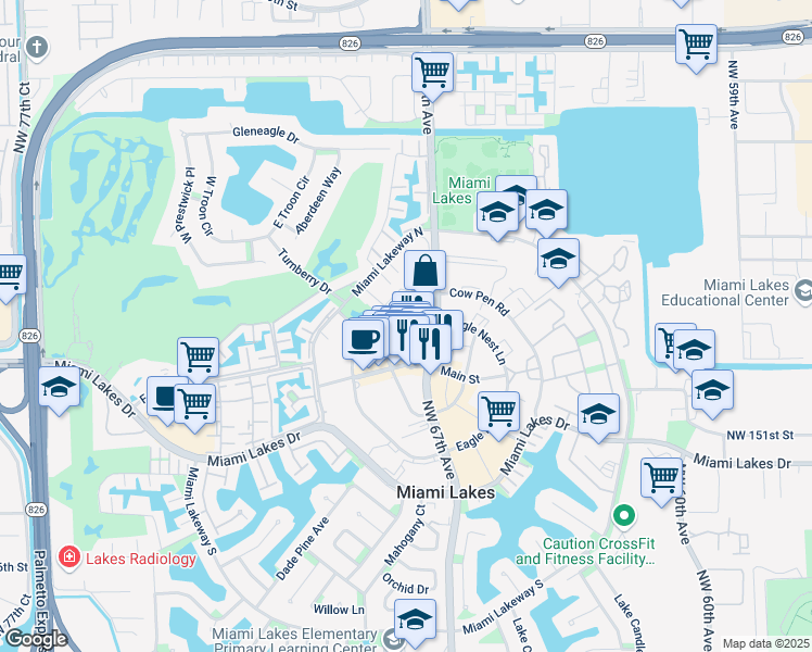 map of restaurants, bars, coffee shops, grocery stores, and more near 6743 Main Street in Miami Lakes