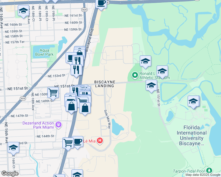 map of restaurants, bars, coffee shops, grocery stores, and more near 15051 Royal Oaks Lane in North Miami