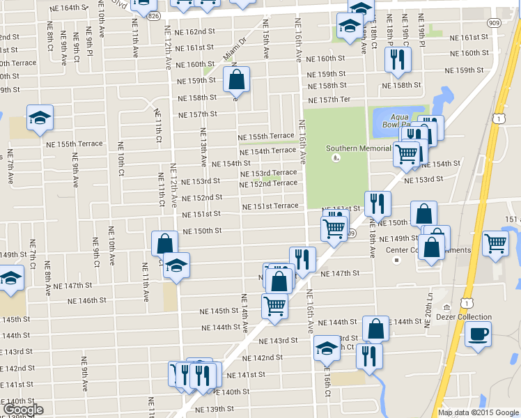 map of restaurants, bars, coffee shops, grocery stores, and more near 1447 Northeast 150th Street in Miami