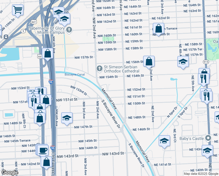 map of restaurants, bars, coffee shops, grocery stores, and more near 102 Northwest 152nd Street in Miami