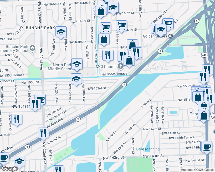 map of restaurants, bars, coffee shops, grocery stores, and more near 15261 Railroad Drive in Miami Gardens
