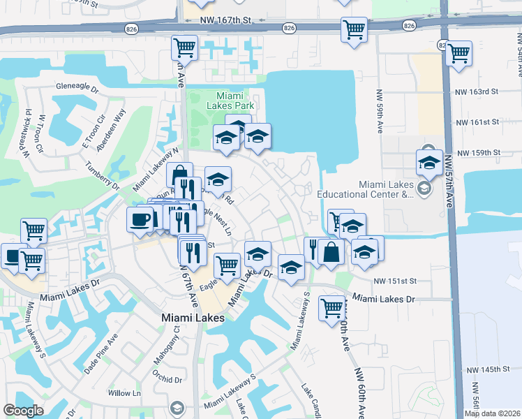 map of restaurants, bars, coffee shops, grocery stores, and more near 6311 Hutchinson Road in Miami Lakes