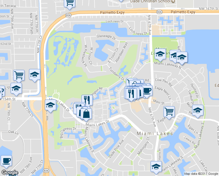 map of restaurants, bars, coffee shops, grocery stores, and more near 15505 Cairnryan Court in Miami Lakes