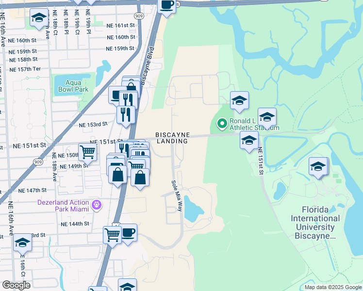 map of restaurants, bars, coffee shops, grocery stores, and more near 15051 Royal Oaks Lane in North Miami