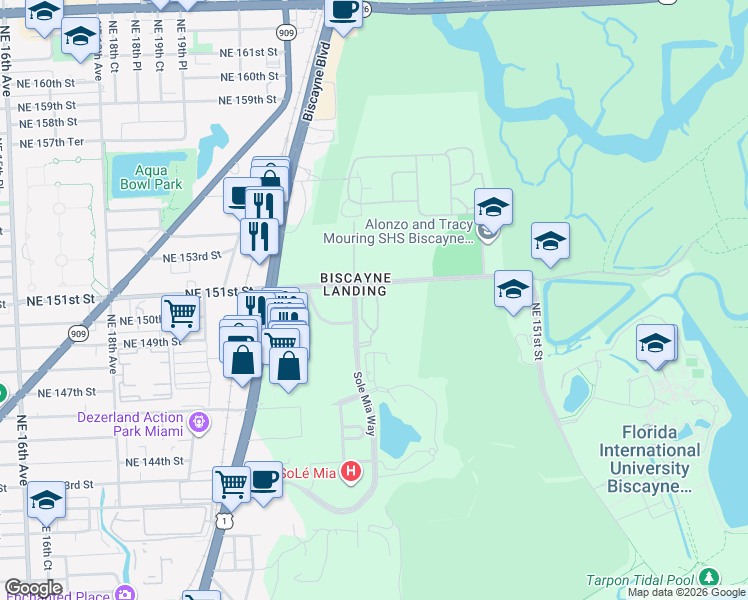 map of restaurants, bars, coffee shops, grocery stores, and more near 15051 Royal Oaks Lane in North Miami