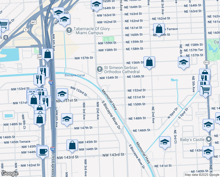 map of restaurants, bars, coffee shops, grocery stores, and more near 102 Northwest 152nd Street in Miami