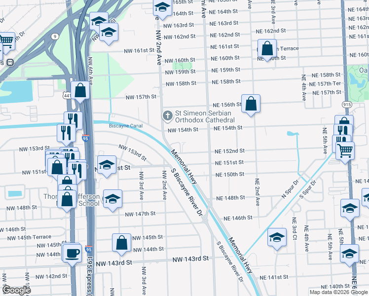 map of restaurants, bars, coffee shops, grocery stores, and more near 111 Northwest 152nd Street in Miami