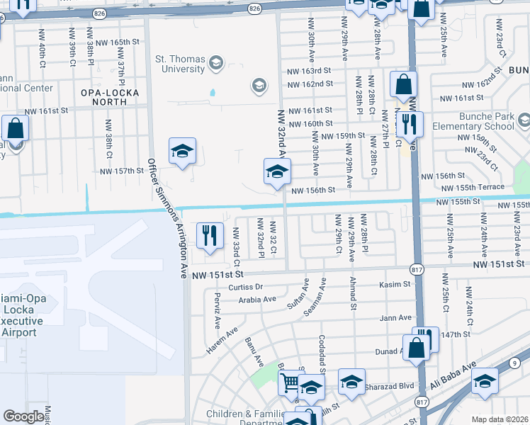 map of restaurants, bars, coffee shops, grocery stores, and more near 15600 Northwest 32nd Avenue in Miami Gardens