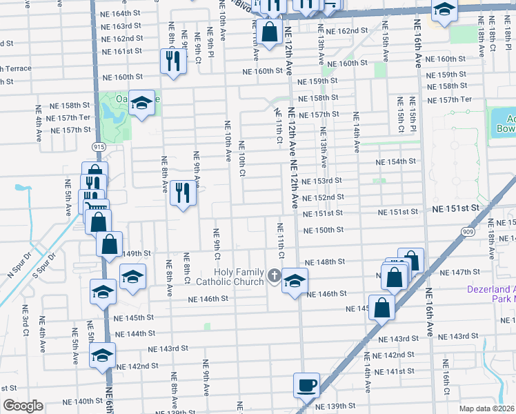 map of restaurants, bars, coffee shops, grocery stores, and more near 1050 Northeast 152nd Terrace in North Miami Beach
