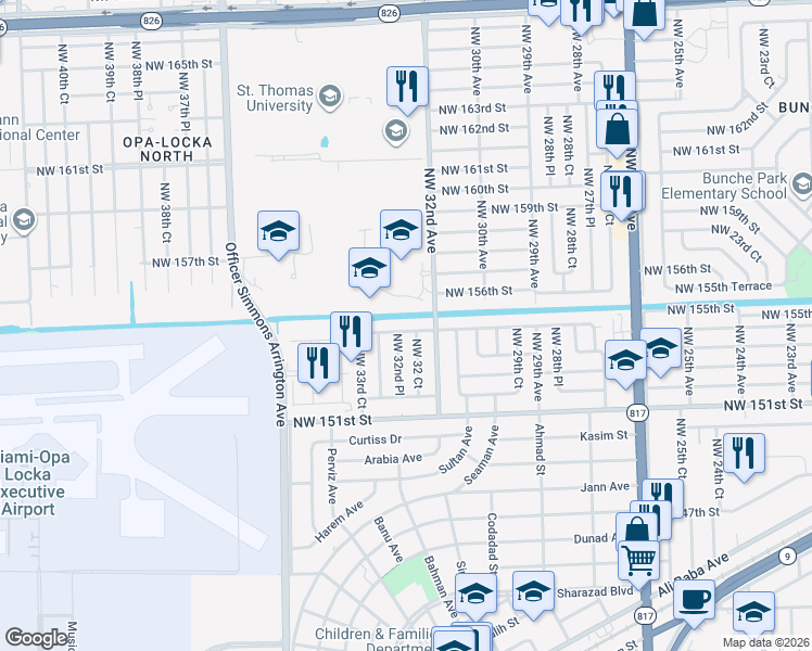 map of restaurants, bars, coffee shops, grocery stores, and more near 15600 Northwest 32nd Avenue in Miami Gardens