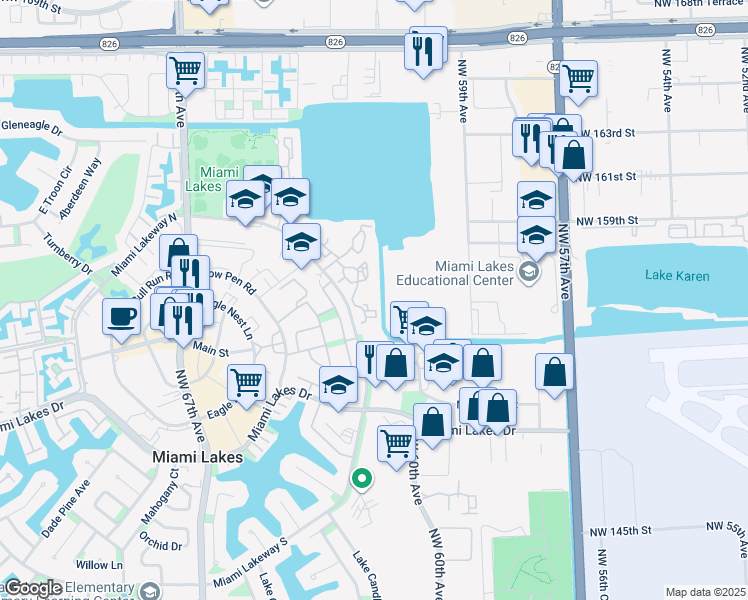 map of restaurants, bars, coffee shops, grocery stores, and more near 15495 Miami Lakeway North in Miami Lakes